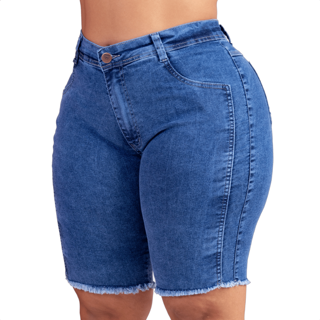 Short Jeans Plus Size Feminino Cintura Alta Barra Desfiada Levanta Bumbum Com Lycra