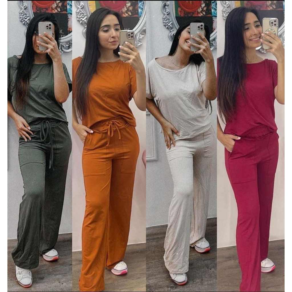 Conjunto de Moletinho/Moletom Calça Pantalona Cropped Moda