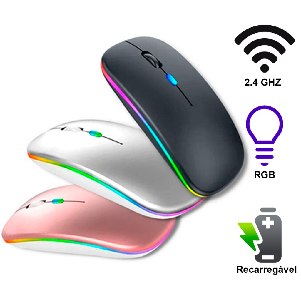 Mouse Wireless Bluetooth Sem Fio Led RGB Recarregável Silencioso ...