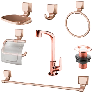 Kit de Acessórios em ABS para Banheiro Rose Gold + Torneira + Válvula
