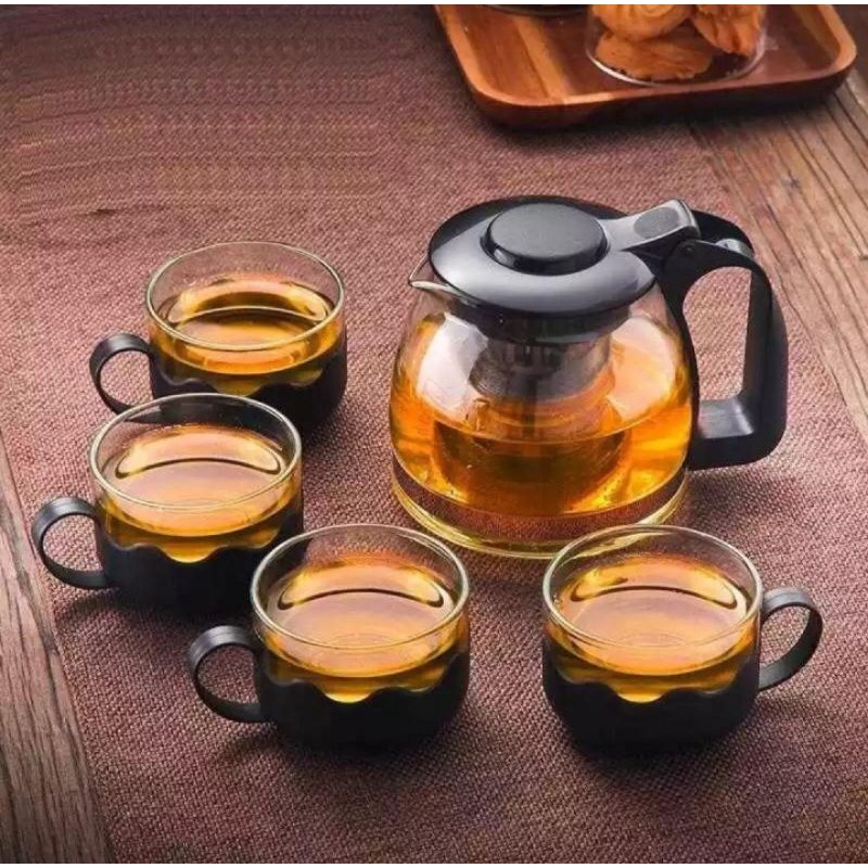 Kit Chaleira de vidro com infusor + 4 Xícaras