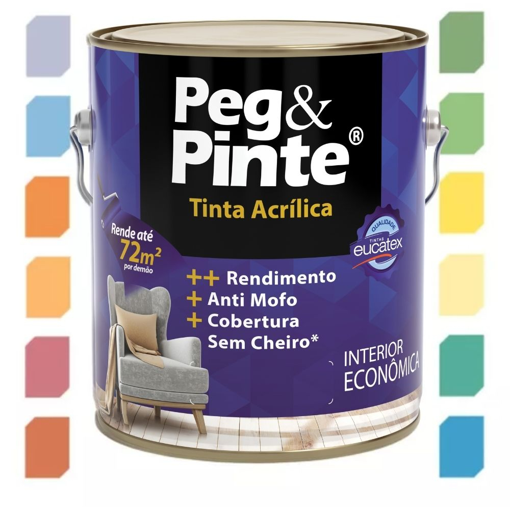 Tinta Látex Acrílico Econômico Peg & Pinte Eucatex 3,6L Diversas Cores - Anti mofo, Sem Cheiro, Mais rendimento