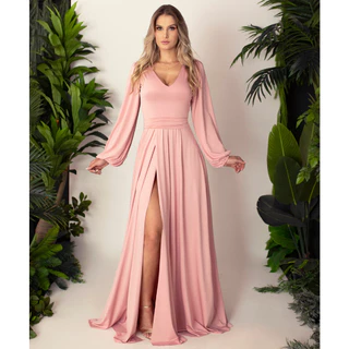 Vestido Longo Com Fenda Manga Bufante OX017