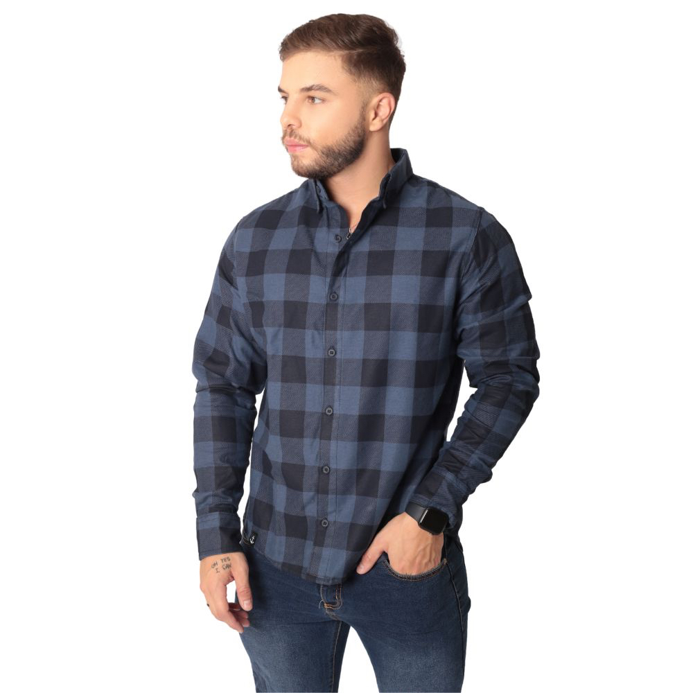 Camisa Xadrez Masculina Preta e Azul Escuro Comfort - Filato Bene