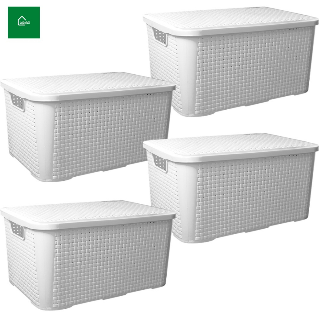 4 Caixa Organizadora Cesto Multiuso 26 Litros Preto Branca Marrom Com Tampa Empilhavel Rattan