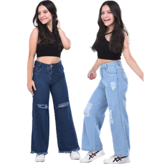 Calça jeans pantalona destroyed meninas wide leg infantil juvenil 10 ao 16 premium