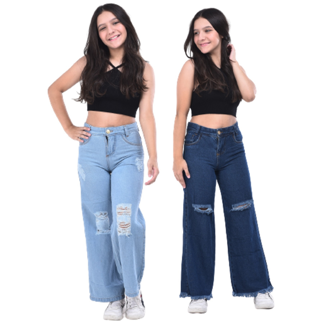 Kit 2 Calça jeans pantalona destroyed meninas wide leg infantil juvenil 10 ao 16 premium