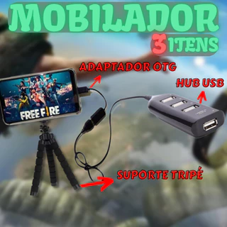 Kit Mobilador Hub 4 Portas Usb + Adaptador OTG Tipo-C / Micro Usb + Suporte Tripé Para Celular em Oferta na Shopee