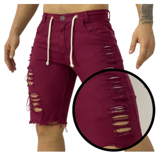 Bermuda Jeans Masculina Shalmy 100% Algodão Destroyed de Alta Qualidade Jeans Rasgado