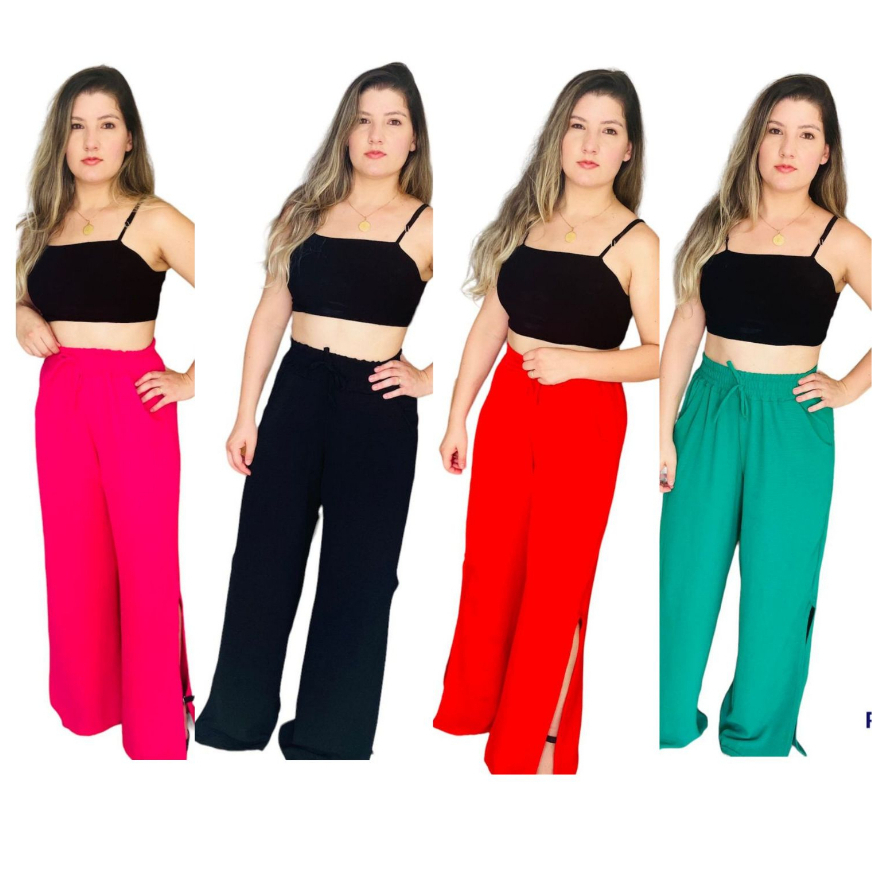 Calça Pantalona Duna Feminina Fendas Laterais Tendências Moda