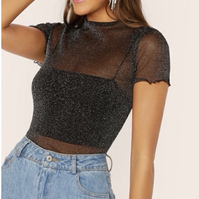 Blusas pretas transparentes da hot sale moda