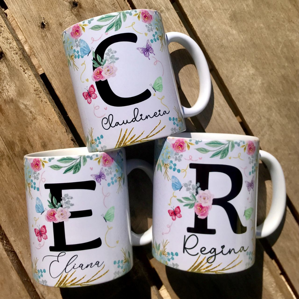 Caneca Floral Personalizada com letra inicial e nome | Shopee Brasil