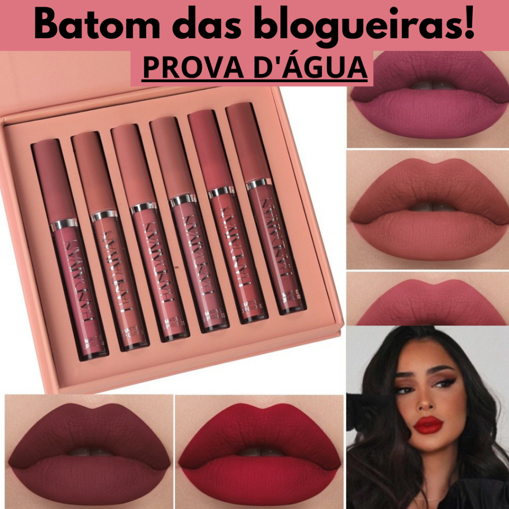 Promoção kit com 6 Batom matte nude handaiyan importado longa duração fosco á prova d'água brilho labial lip gloss mega kit sexy