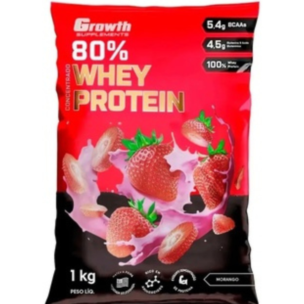 80% Whey protein concentrado 1kg morango Growt Supplements