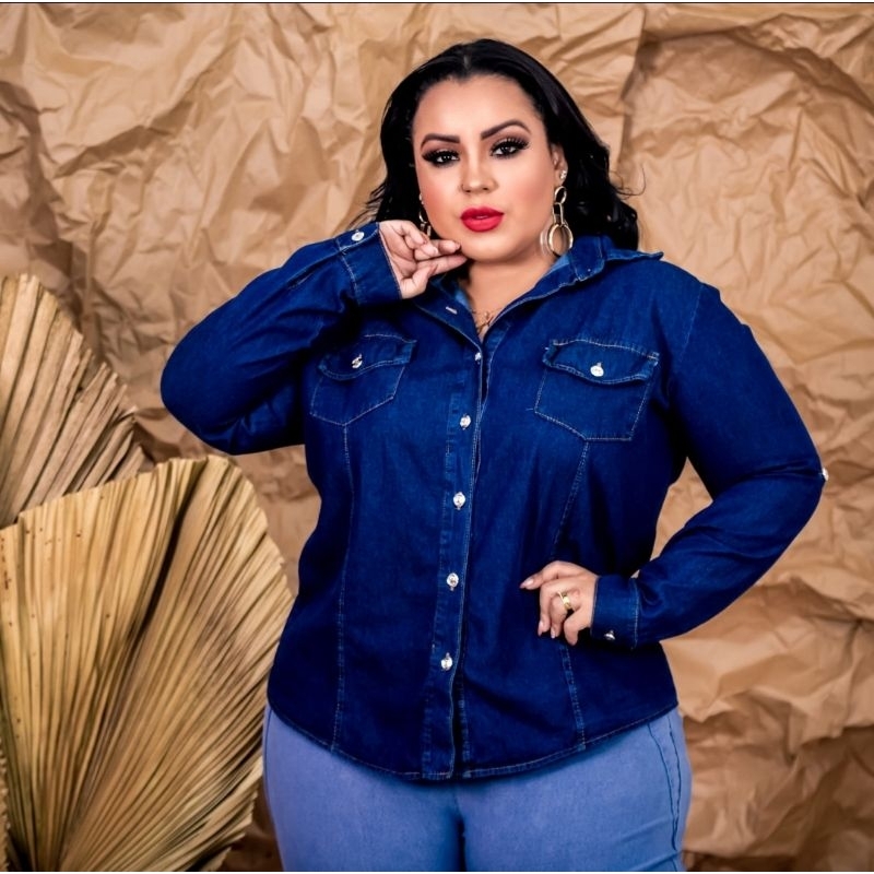 Camisa jeans feminina manga longa store plus size