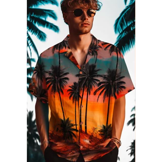 Camisa de Botão palmeira com estampa havaiana Floral, preto claro e laranja, degradê de cores, cenas litorâneas