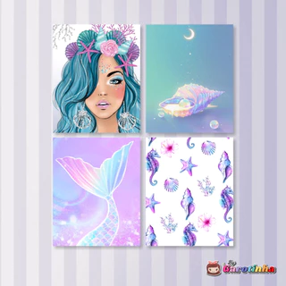 Quadros Decorativos Sereia Concha Calda de Sereia Kit com 4 Placas para Decoração de Quarto Parede Casa