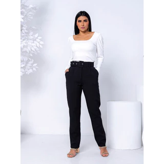 Calça Alfaiataria Social Feminina Com Cinto Bolso Cintura Alta