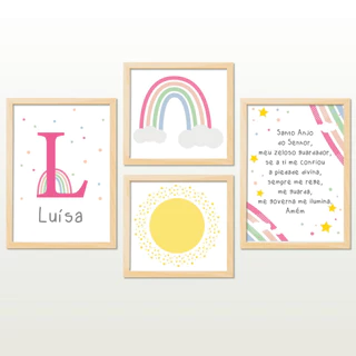 KIT 4 QUADROS INFANTIL MENINA ARCO IRIS PERSONALIZADO DECORAÇÃO SANTO ANJO LUISA SOL COLORIDO