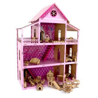 Casinha De Bonecas Rosa 80cm Com Kit Móveis Adesivada