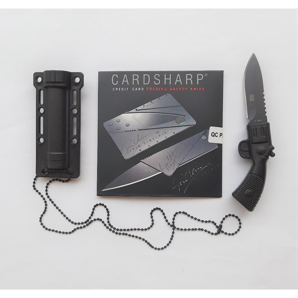 KIT Faca de Pescoço com Bainha e Corrente + Canivete Dobrável Cardsharp ...