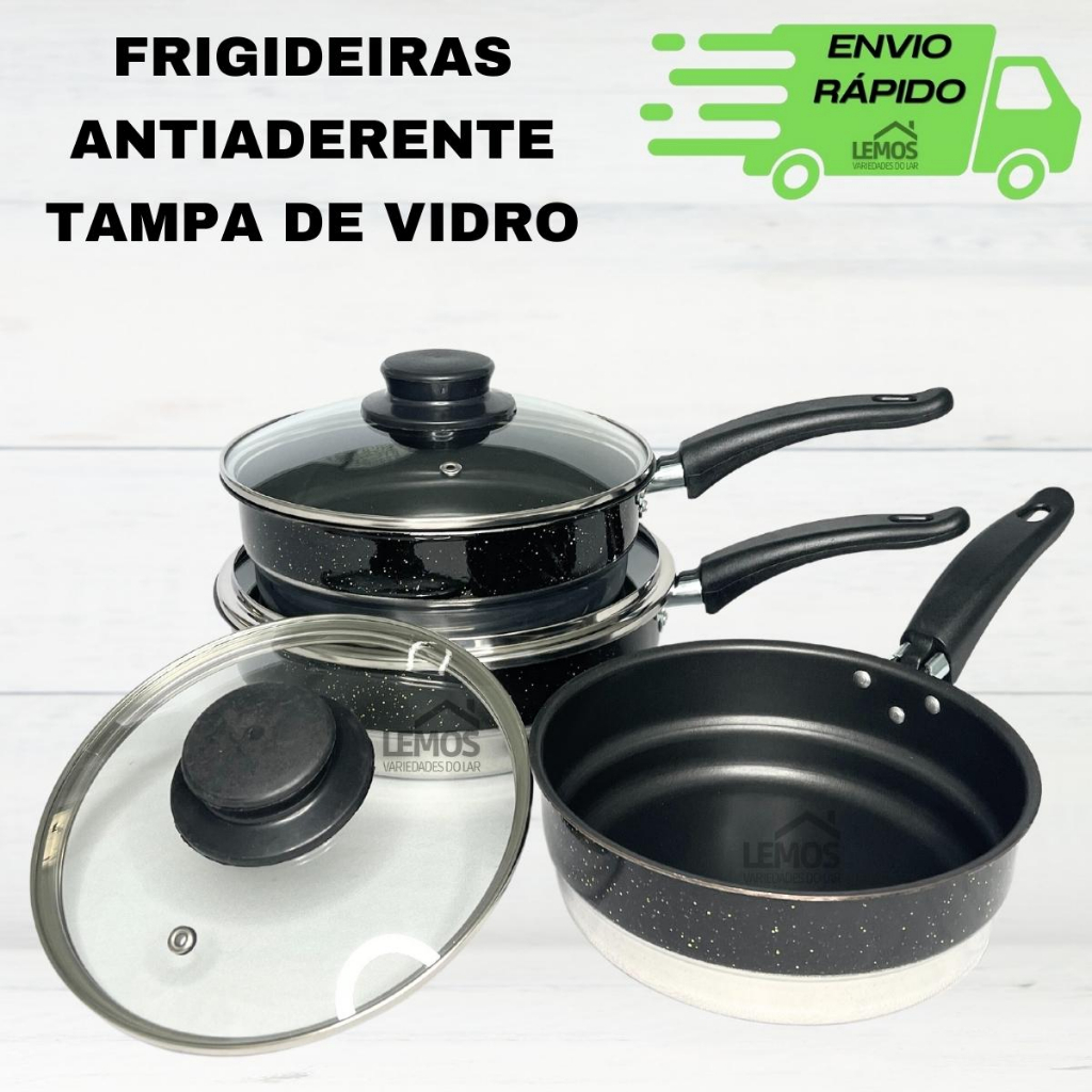 Kit Frigideira Antiaderente Com Tampa De Vidro Forma Alta Conjunto Jogo 3 Peças N18 20 22 Frigideira Teflon Preta