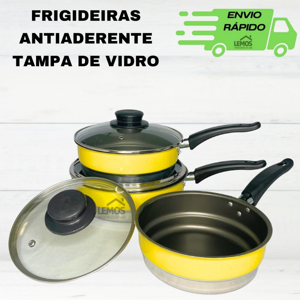 Jogo de Frigideira Amarela Antiaderente Com Tampa De Vidro Forma Alta Conjunto kit 3 Peças N18 20 22 Frigideiras Teflon