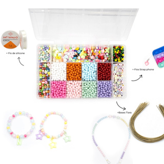 Kit Bijuteria 3213 Und Miçangas Letras Fimos Fios de Strap Phone Tiara + Caixa