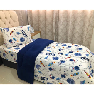 Coberdrom Edredom Solteiro Infantil Menino Dupla Face de Malha Algodão Masculino Menino Astronauta