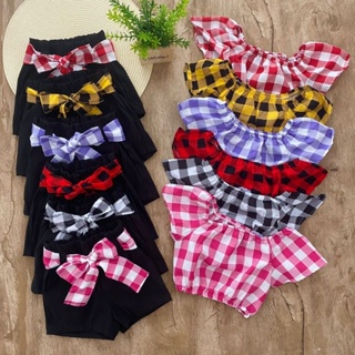 Conjunto Infantil Shorts Xadrez Vermelho e Ciganinha Rosinhas