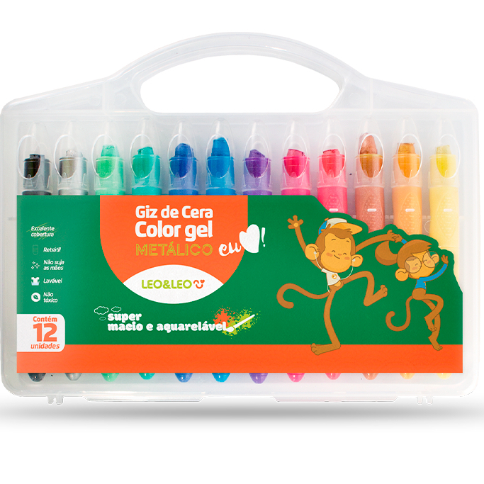 Giz de Cera Color Gel 12 cores Metálico Macio e Aquarelavel Maleta