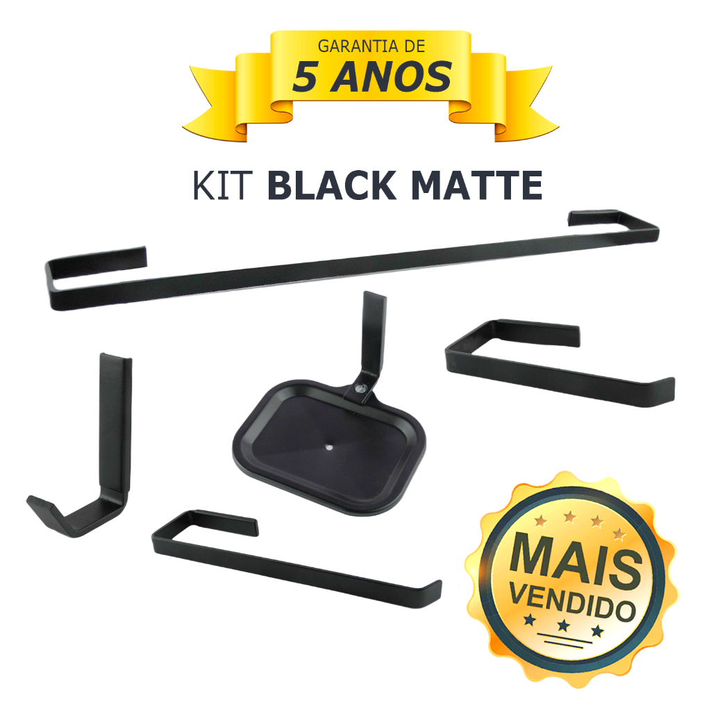 Kit de Acessórios para Banheiro Quadrado 4 Peças + Saboneteira PRETO FOSCO Cd. 8950