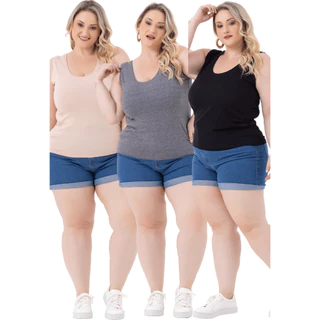 Regatas Feminina Plus Size Alça Larga Kit 3 Blusinhas Básicas Primavera Verão 2005.1-k3