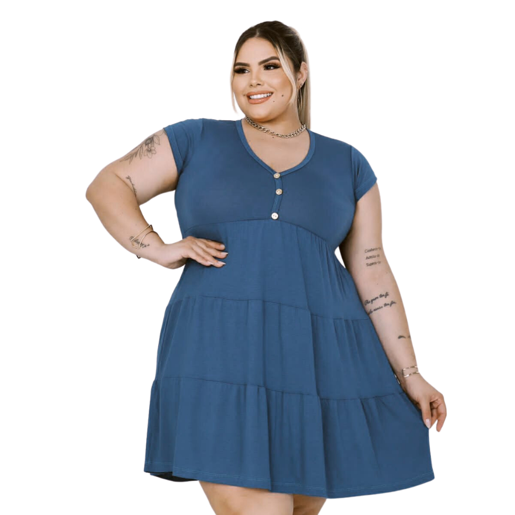 Vestido Plus Size Rodado e Soltinho com Decote V e Manga Curta