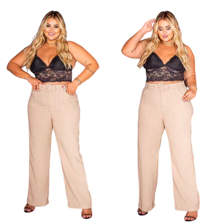 Calça Plus Size Feminina Pantalona Cintura Alta Com Bolso Cinto Encapado Linho Social G1