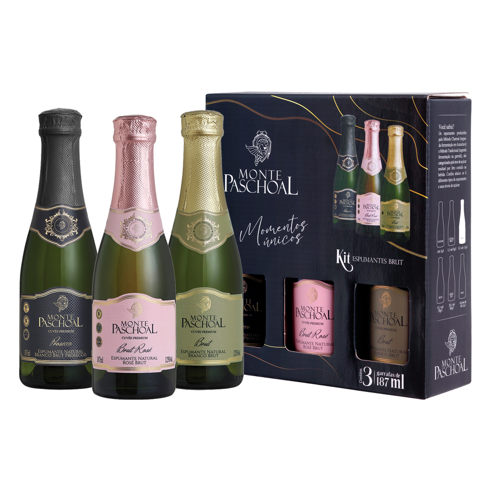 Kit 3 Mini Espumante Monte Paschoal Brut Brut Rosé Prosecco 187ml Com ...