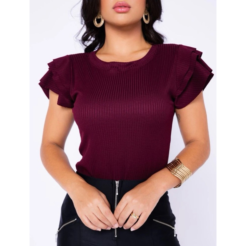 Blusa Blusinha canelada feminina com 3 babados em Promoção na