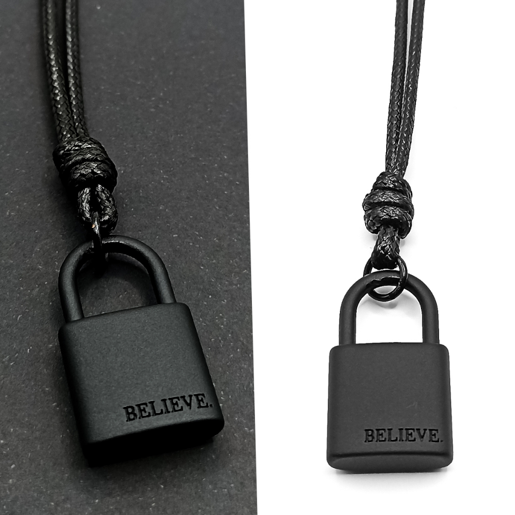 Colar Masculino Ajustável Cadeado Preto Cordão Fino Longo Pingente Aço