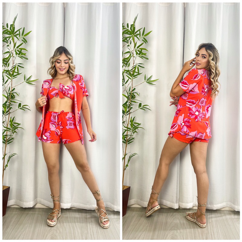 Conjunto Kimono 3 peças Kimono cropped e short | Shopee Brasil