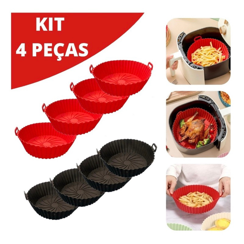 Kit 4 Formas Silicone Antiaderente para Air Fryer Microondas Lavável com Alça