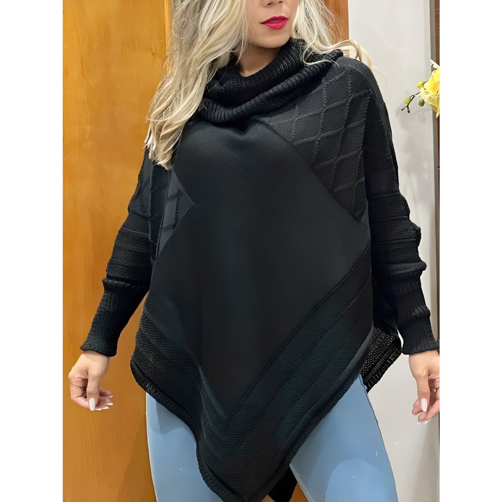 Blusa Poncho Tricot Gola Alta Xadrez Geométrico Moda Inverno