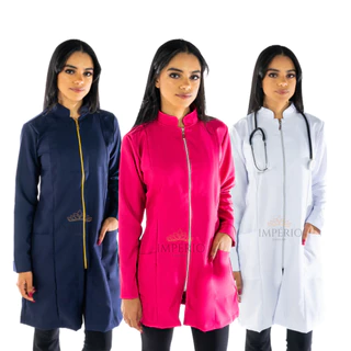 Jaleco Feminino Manga longa Várias Cores Acinturado Com Zíper Gola Padre