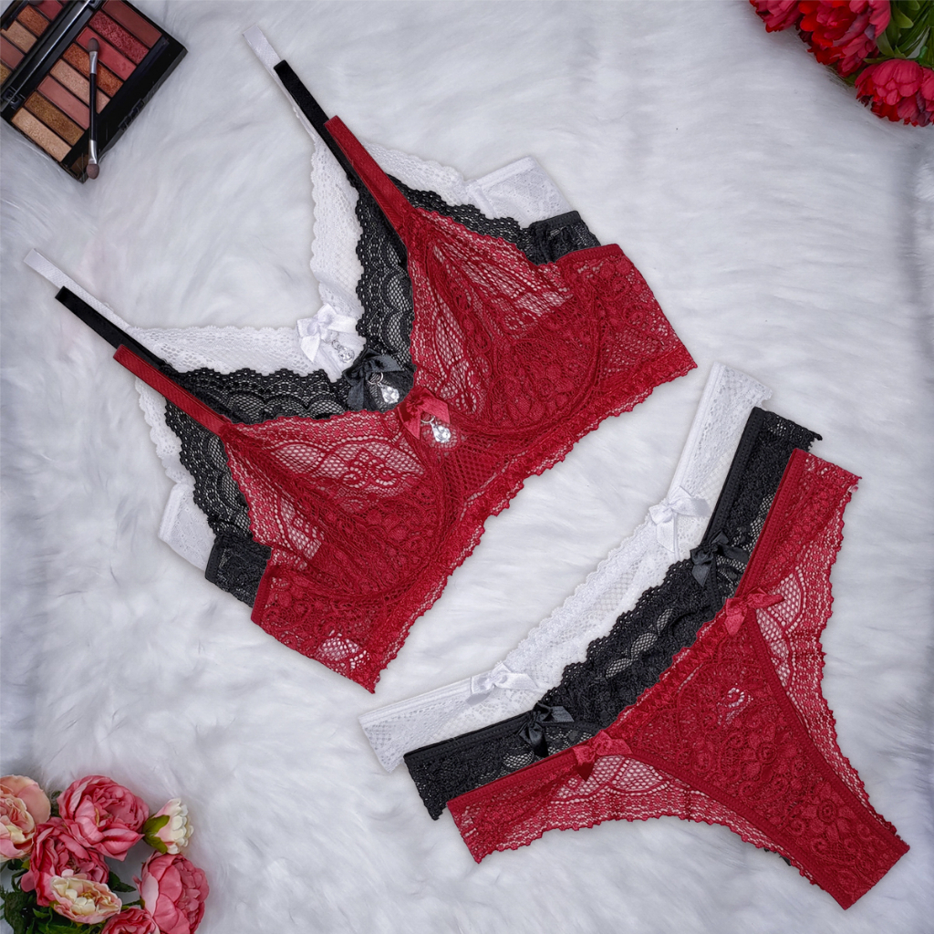 Conjunto Lingerie Renda Sutiã Sem Bojo Sem Forro Com Aro Pingente Sensual Calcinha Tanga Gabi 1574