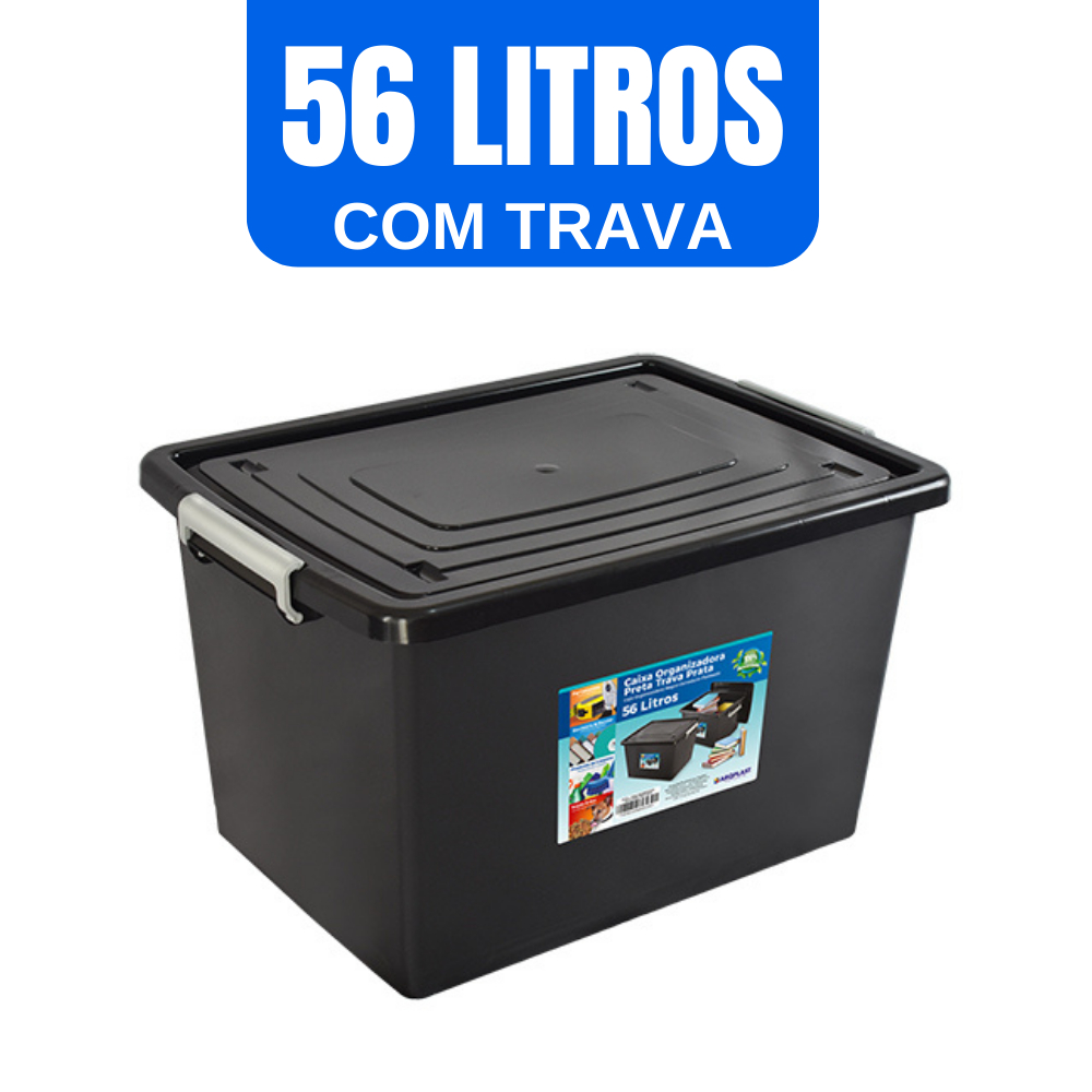 Caixa Organizadora Container Preta Com Tampa e Trava 56 Litros Cesto Organizador Preto