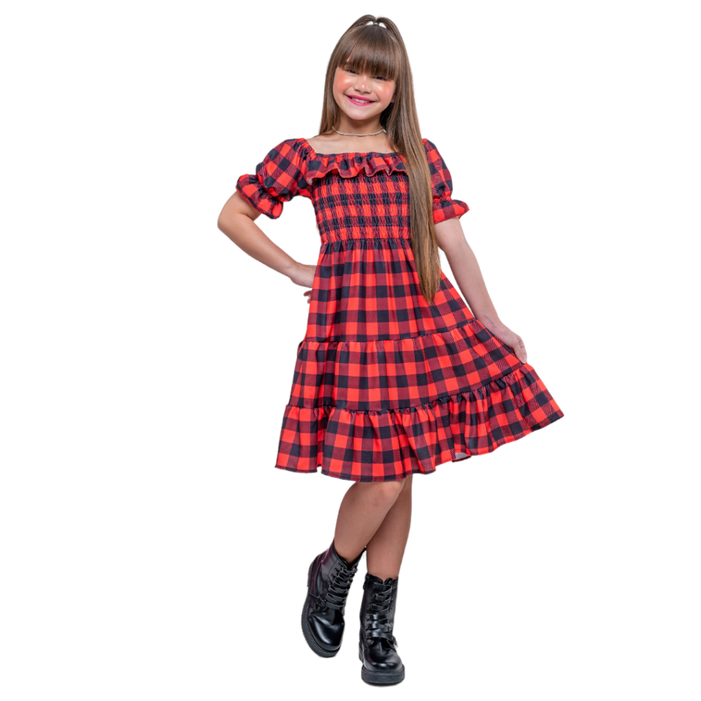 Vestido Infantil Vermelho Xadrez Festa Junina Mini Diva