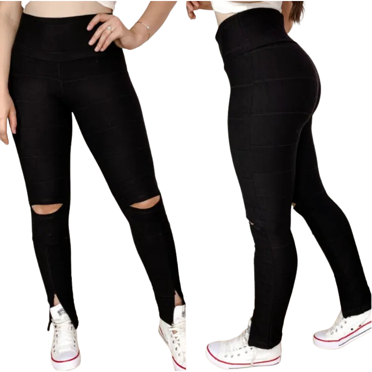 Legging de Malha bandagem grossa com abertura no joelho e zíper na