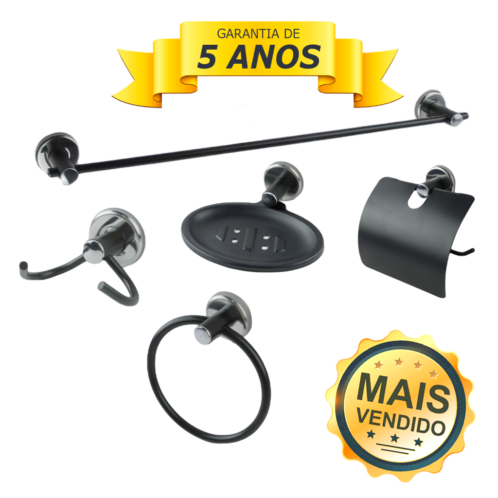Kit Acessórios 5 Peças Metal Para Banheiro Aço Inox Cód. 8380