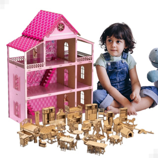 Casinha De Bonecas 80cm + Kit Mini Móveis Mdf Adesivado