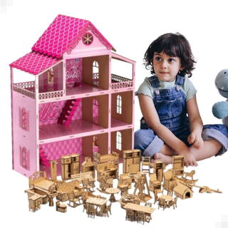 Casinha De Bonecas 80cm + Kit Mini Móveis Mdf Adesivado
