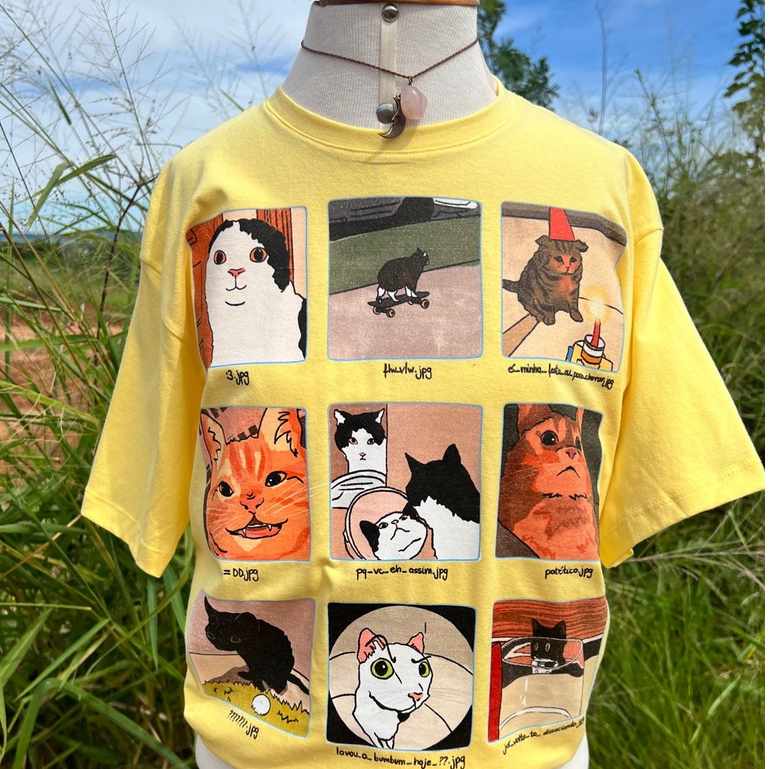 Blusa Camiseta Feminina Algodão Memes de Gato Parte 2 - Amarela Clara